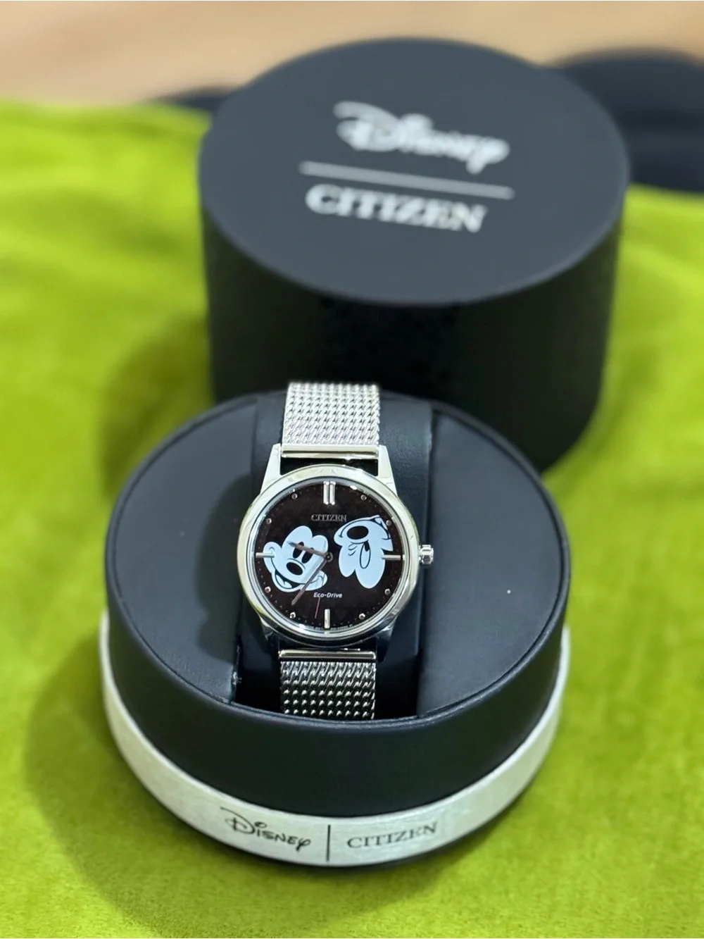 Citizen Men's Silver Mesh Watch with Black Mickey Dial